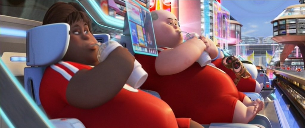 Image from the movie Wall-E: the titular robot is looking up at a fat black woman and a fat white man sitting in hover chairs. They are both staring at screens and drinking from large foam cups.