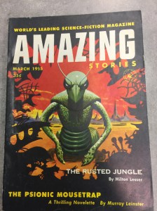This cover of Amazing Stories shows a creature with the head of a cricket, a torso that is erect like a human’s two octopus-tentacle arms, and the tail of a snake. It seems friendly.