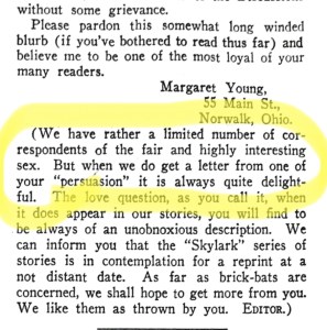 A detail of the magazine, with the phrase, “we have a rather limited number of respondents of the fair and interesting sex. But when we do get one from your “persuasion” it is always quite wonderful”