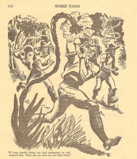 Three men are drawn running down a path through dark woods. A long vine looming over the character in the forefront.