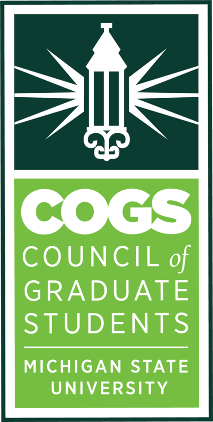In white on a dark green background, an elaborate lamp shines. Beneath are the words "COGS Council of Graduate Students Michigan State University" in white letters on a lighter green background.