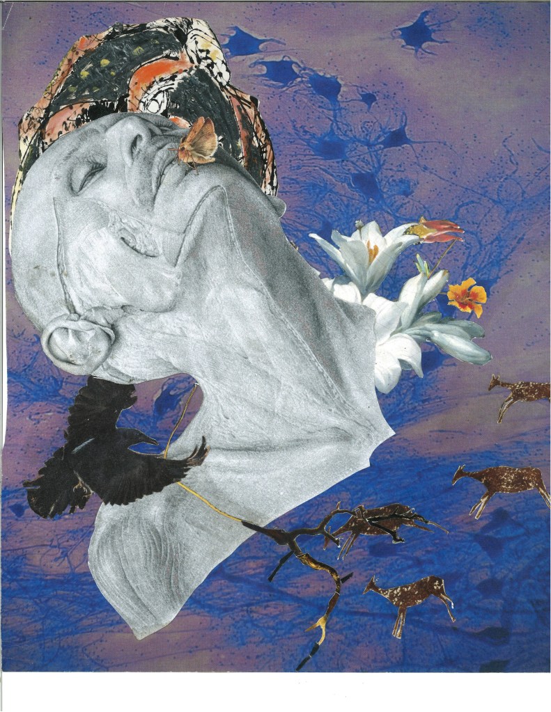 The background is a purple stained slide-image of neurons. The focus of the image is a pencil drawing of a person leaning back, visible from the neck up. The skin has been peeled back to show the muscles of the neck and face. Flowers bloom out of the corpse and an insect rests on its lips. Behind the head, the image of a neolithic hunt blossoms in an echo of a halo. 