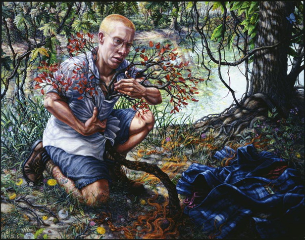 Riva Lehrer's portrait of Eli Clare. Eli, a white disabled genderqueer person, kneels on a forest floor. He has short hair and glasses, wears a button-up shirt, shorts, and hiking shoes, and is clutching a small tree that comes up through his shirt. On the ground near him are a flannel shirt and clippings of his hair
