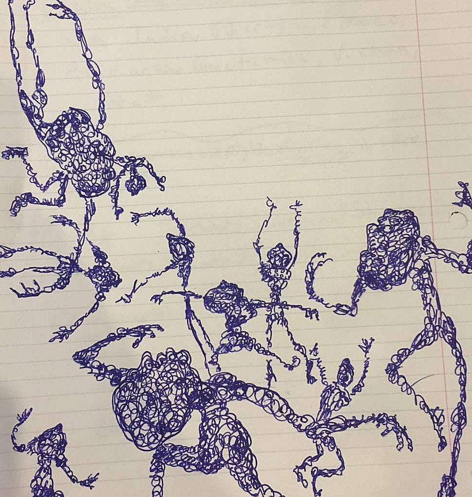 On a background of lined paper, figures dance. The figures are traced in swirls of black ink. Some figures have discernible heads, and some do not. Some figures could be the silhouettes of frogs or spiders or headless bodies. All have a various number of limbs that are caught mid-swirls or motion. Some arms curl in protectively, others fly up or out in bursts of emotion. One figure may be laying on its back or flying through space.