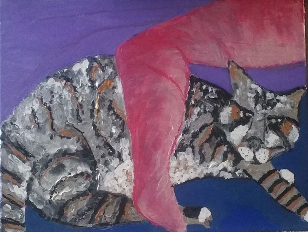 On a purple background, a black, gray, and tan striped cat rests. Its eyes look of the canvas, connecting to someone beyond the bounds of the painting. The cat is embraced by a large, pink amputee arm. The shading seems to indicate that a light comes from the cat, and the affect of the image is generally calm and welcoming.