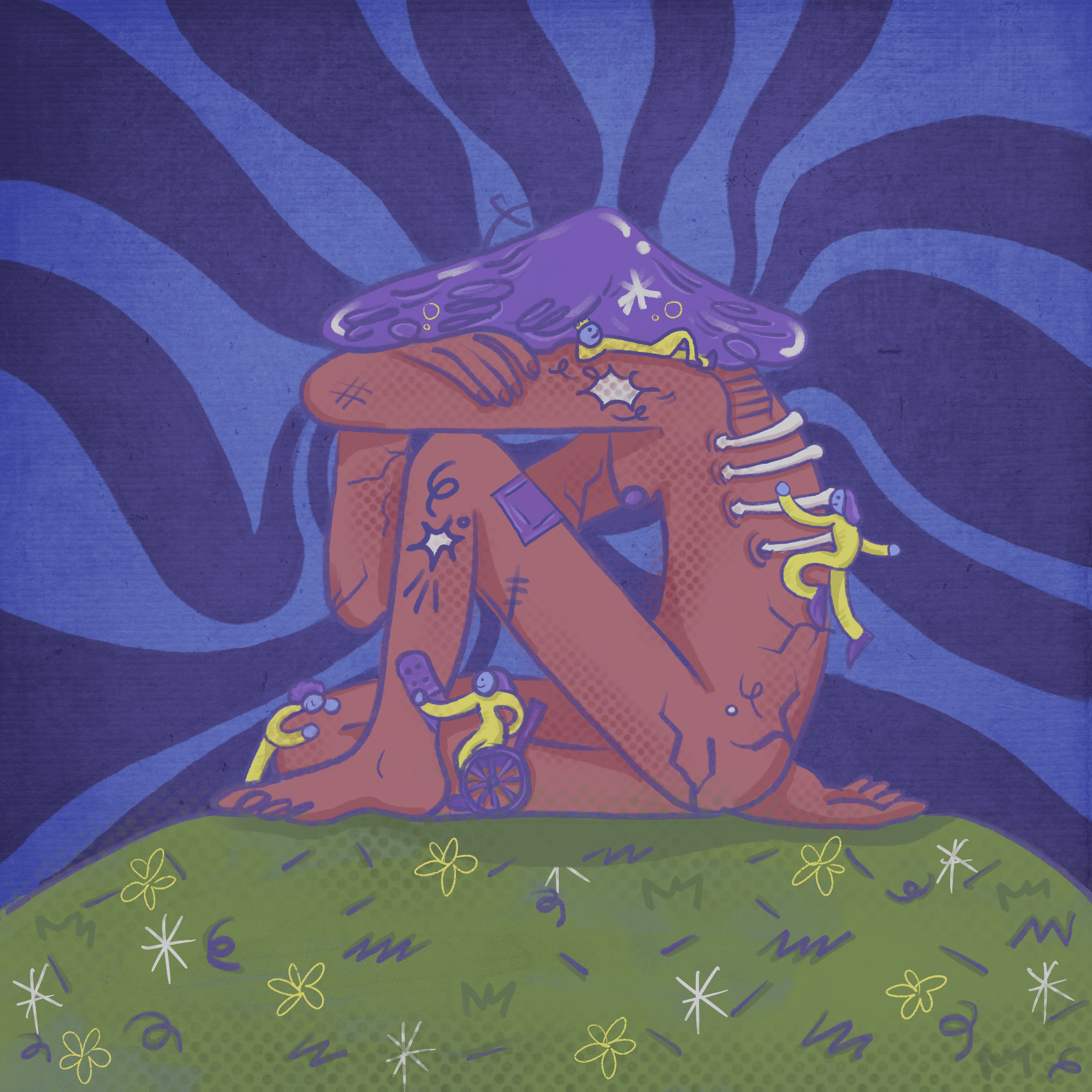 "Untitled" by Lonely_Saboteur
This digital image focuses on a brown person whose purple hair rests in a crest like a mushroom top. The person's body is patched, cracked, bandaged, dotted, sutured, and scarred. All around the person are smaller people comforting, bandaging, and resting. These people wear yellow jumpsuits, one is using a wheelchair. In the foreground is a hill of green grass and yellow and white flowers. The background is a psychedelic swirl of indigo and aquamarine. 
