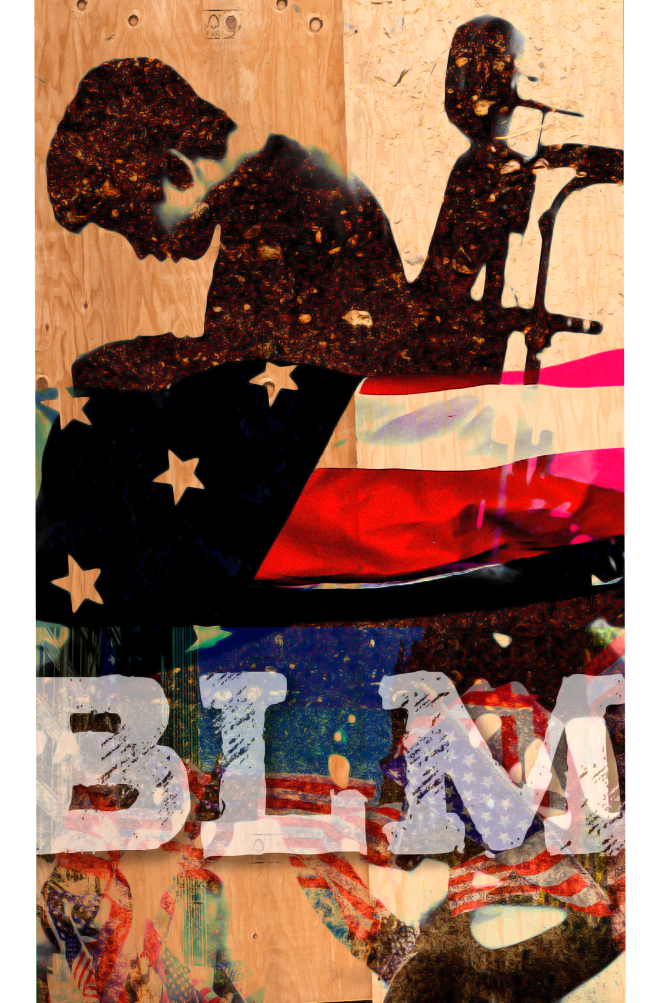 "Solidarity 1"
A digital art work is oriented vertically; at the top of the piece, there is a wood-grain background, upon which a silhouette of an individual appears flecked with golden-brown spots. The individual is bowing their head while seated in a powerchair. Further down, the piece is divided with a section of the American flag, under which appears an abstract collage of the colors and imagery of the flag and more wood-grain background. Atop this collage the letters B. L. M. are stamped in semi-transparent white font. 