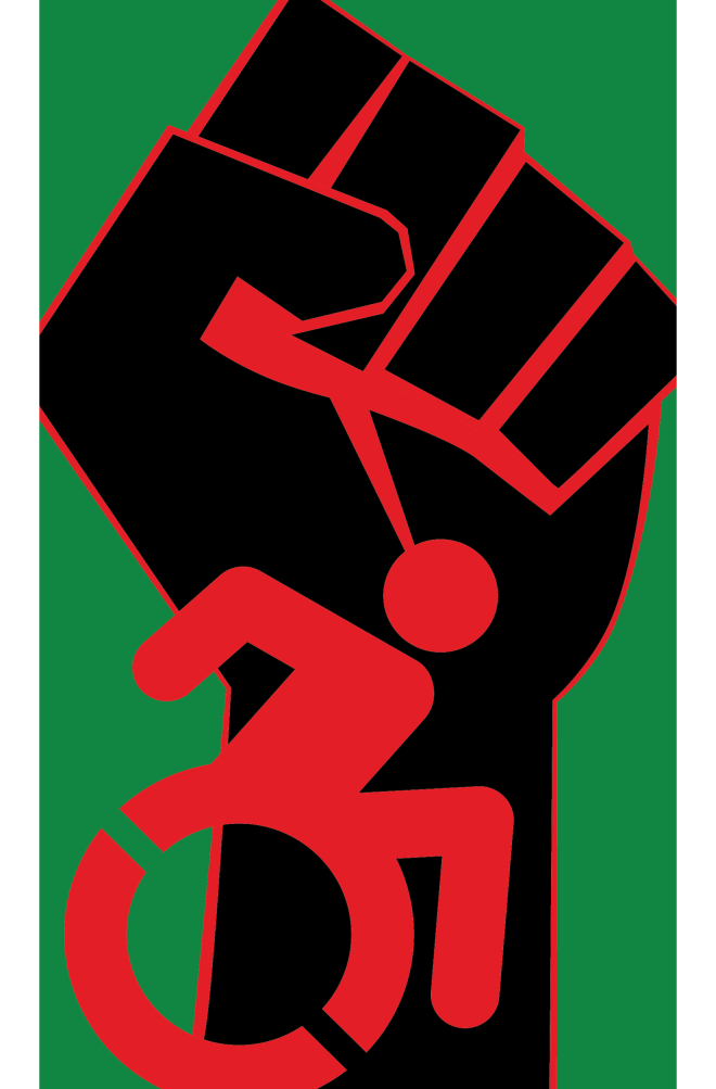 "Solidarity 2"
A black fist is raised in the center of a green background. The fist is bordered by bright red, and intersecting with the wrist there is a symbol of a person in a powerchair in the same shade of red. The imagery is bold and simple, in the style of something that may be seen in a poster or protest sign. 
