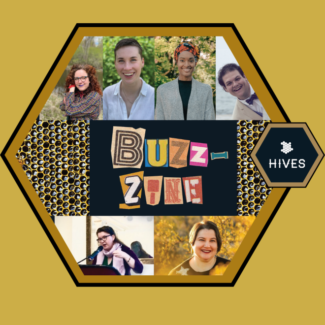 A hexagon contains the headshots of the four editors of the Buzz-Zine (Jessica, Ames, Jidah, and MIchael) and two contrinbutors (Gaia and Naomi) with the words "Buzz-Zine" in cutout magazine letters in the middle.