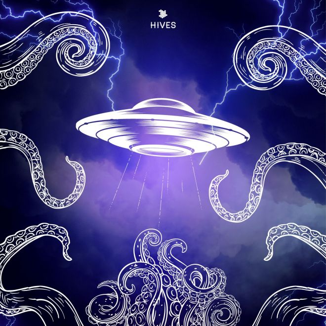 A chrome spaceship is beset by lightning and curling tentacles