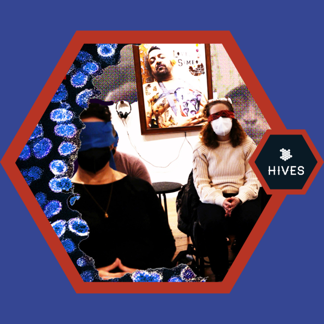 An image surrounded by virus particles. The image features previous workshop participants wearing masks on their faces, headphones on their ears, and blindfolds over their eyes. They wear an assortment of clothing like sweaters, button-up shirts, and turtle-necks. In the background are the faces of Rhesus macaques around a poster showing a shirtless, brown-skinned person holding an object covered in Rhesus macaques faces and the text, Love, Simeon.